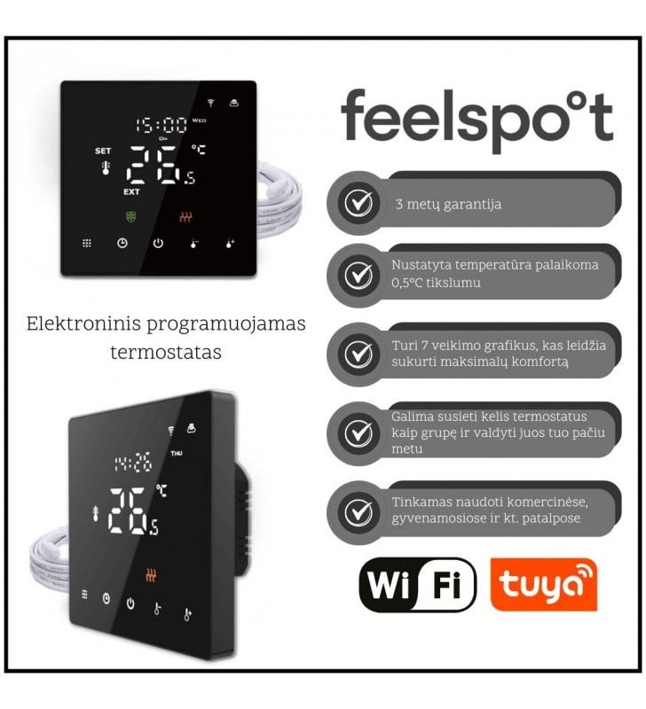 Elektroninis programuojamas termostatas Feelspot WTH22.16 NEW Black, WiFi Tuya