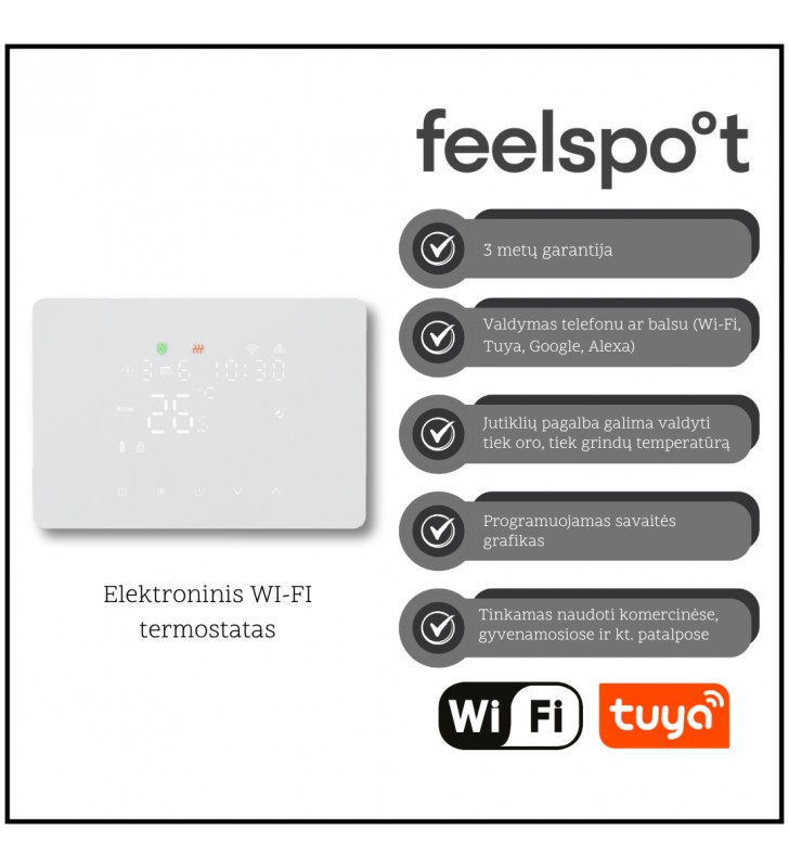 Elektroninis programuojamas termostatas Feelspot WTH25.05RF Wi-Fi, baltas