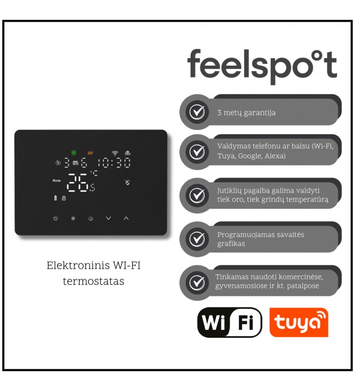 Elektroninis programuojamas termostatas Feelspot WTH25.05RF Wi-Fi, juodas