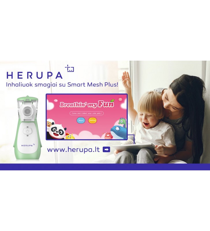 Inhaliatorius Herupa Smart Mesh Plus ir App žaidimas inhaliuojant