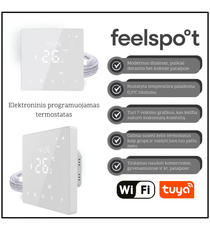 Grindinio šildymo tinklelis Wellmo MAT + programuojamas termostatas Feelspot WTH22.16 NEW WiFi