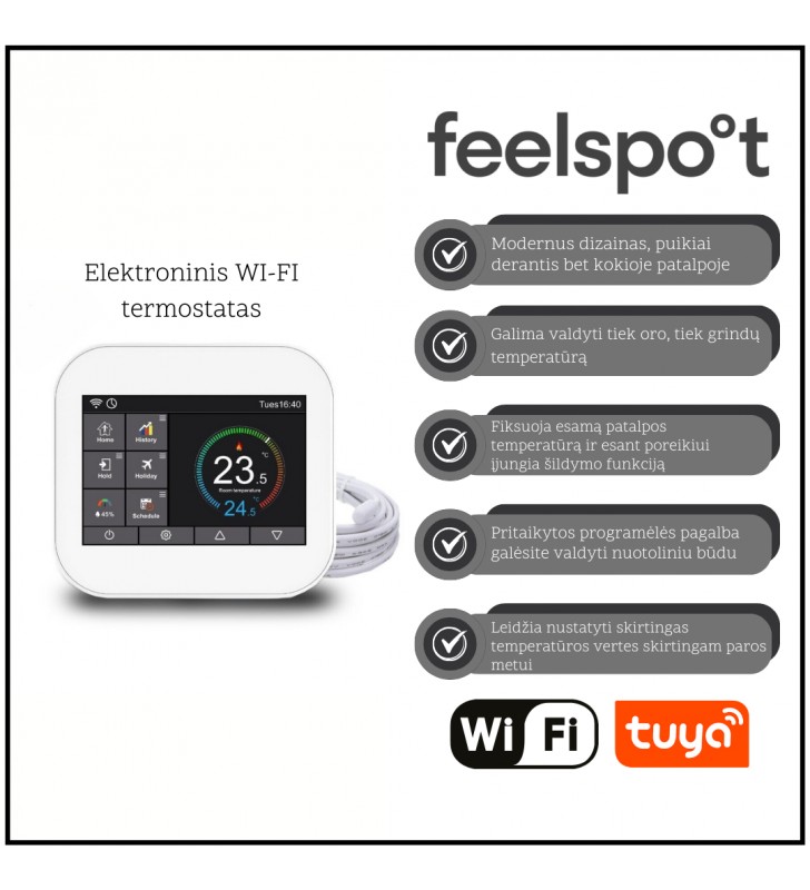 Elektroninis WI-FI termostatas (termoreguliatorius) Feelspot WTH07.36 white, Tuya (Pažeista pakuotė)